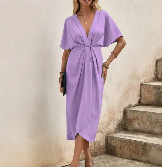 Luxe Deep V neck Batwing Sleeve Ruched Midi Dress - Picture 5 of 5